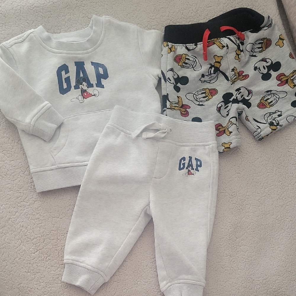 GAP Disney Baby Sweatshirt Set 6-12 Months & Mickey Shorts 18 Months